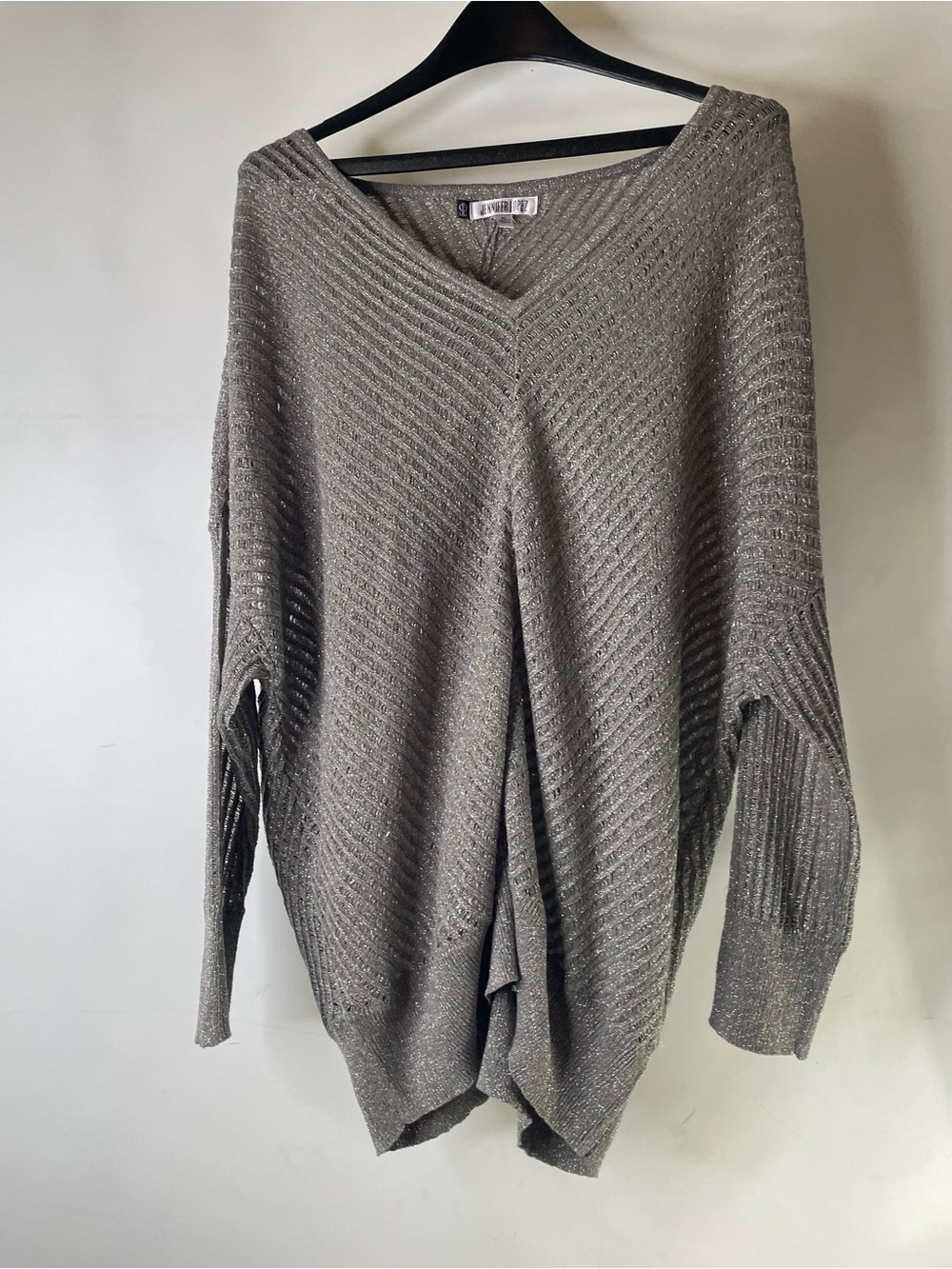 Jennifer Lopez Metallic Gray V-Neck Knit Sweater Oversized